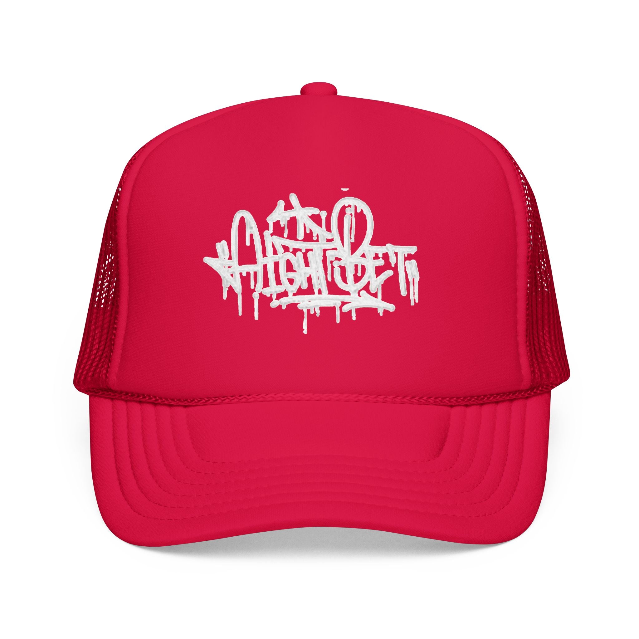 Graffiti Script Trucker Hat — White Drip Logo Foam Cap