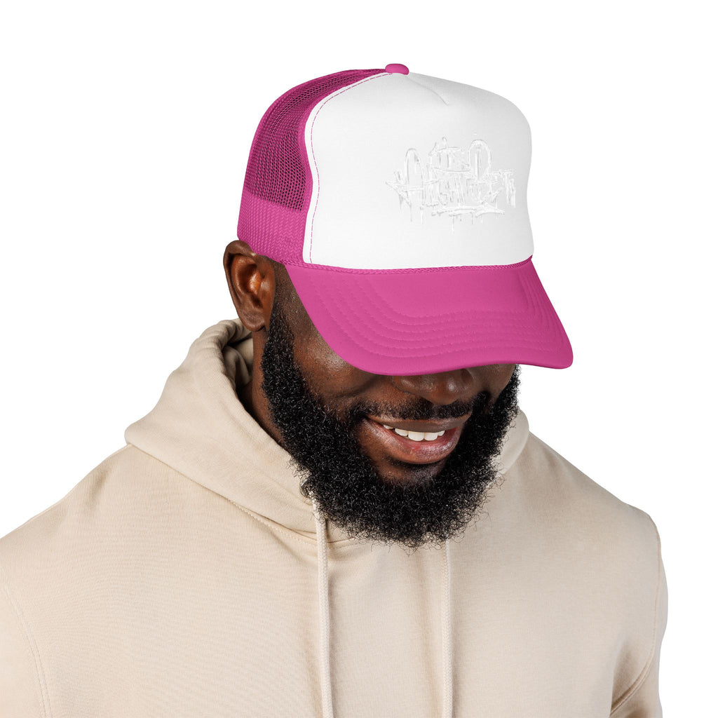 Graffiti Script Trucker Hat — White Drip Logo Foam Cap