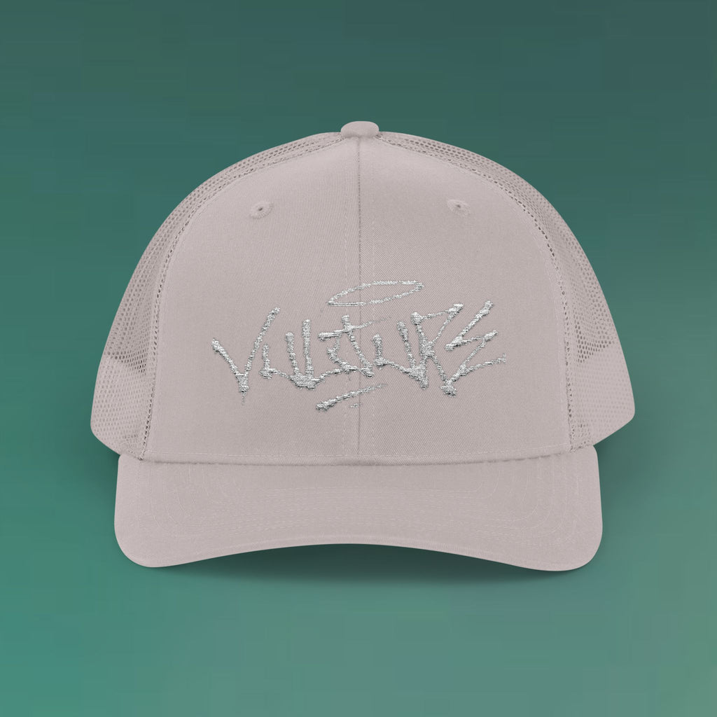 White Trucker Cap with 'Vibrate' Script Embroidery — Retro Mesh Snapback Hat