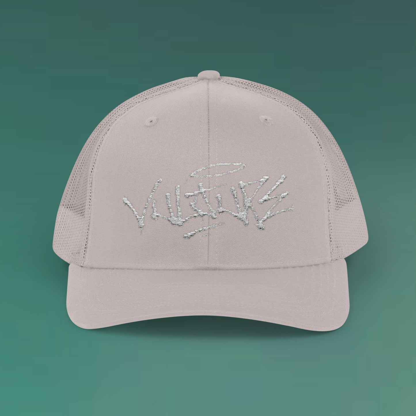 White Trucker Cap with 'Vibrate' Script Embroidery — Retro Mesh Snapback Hat
