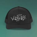 White Trucker Cap with 'Vibrate' Script Embroidery — Retro Mesh Snapback Hat
