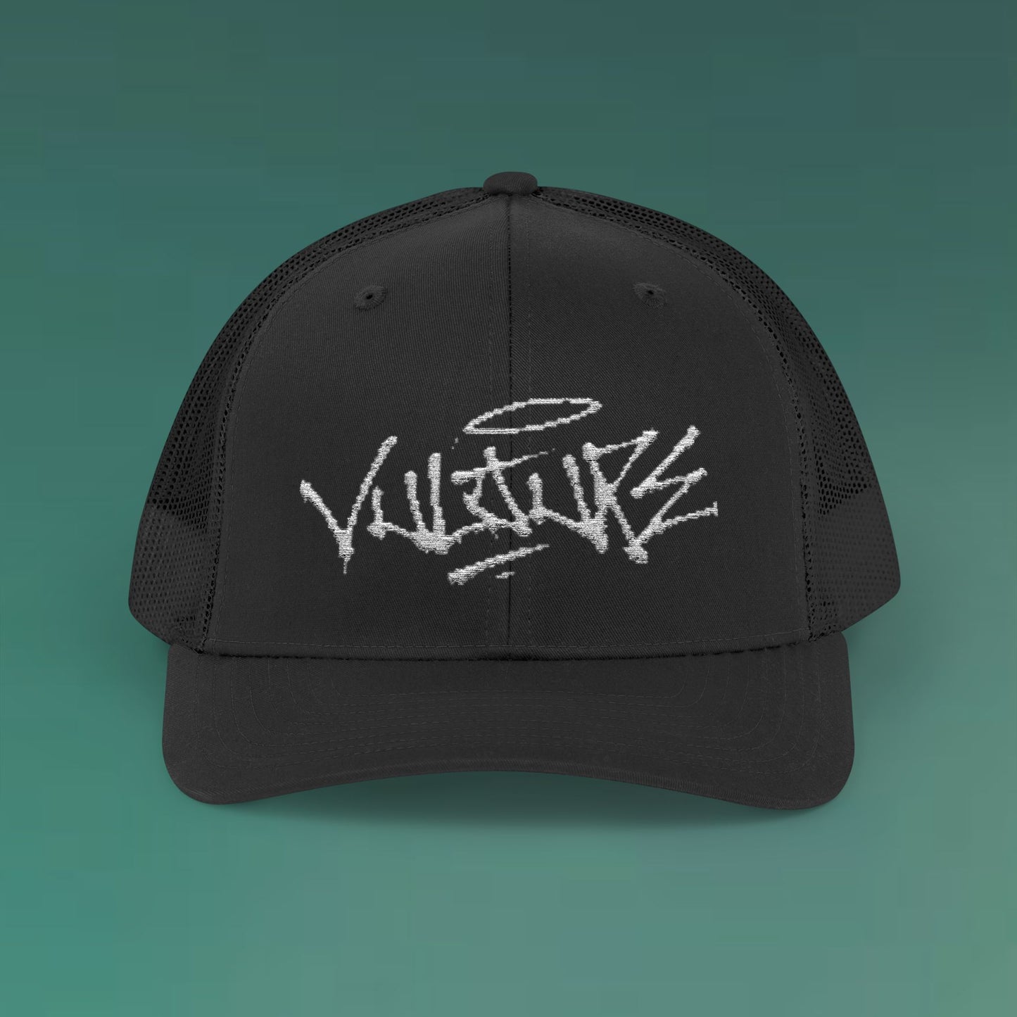 White Trucker Cap with 'Vibrate' Script Embroidery — Retro Mesh Snapback Hat