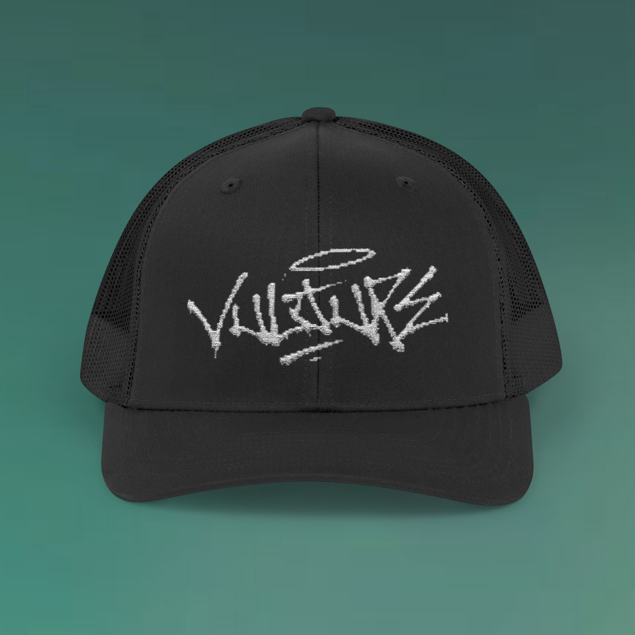 White Trucker Cap with 'Vibrate' Script Embroidery — Retro Mesh Snapback Hat