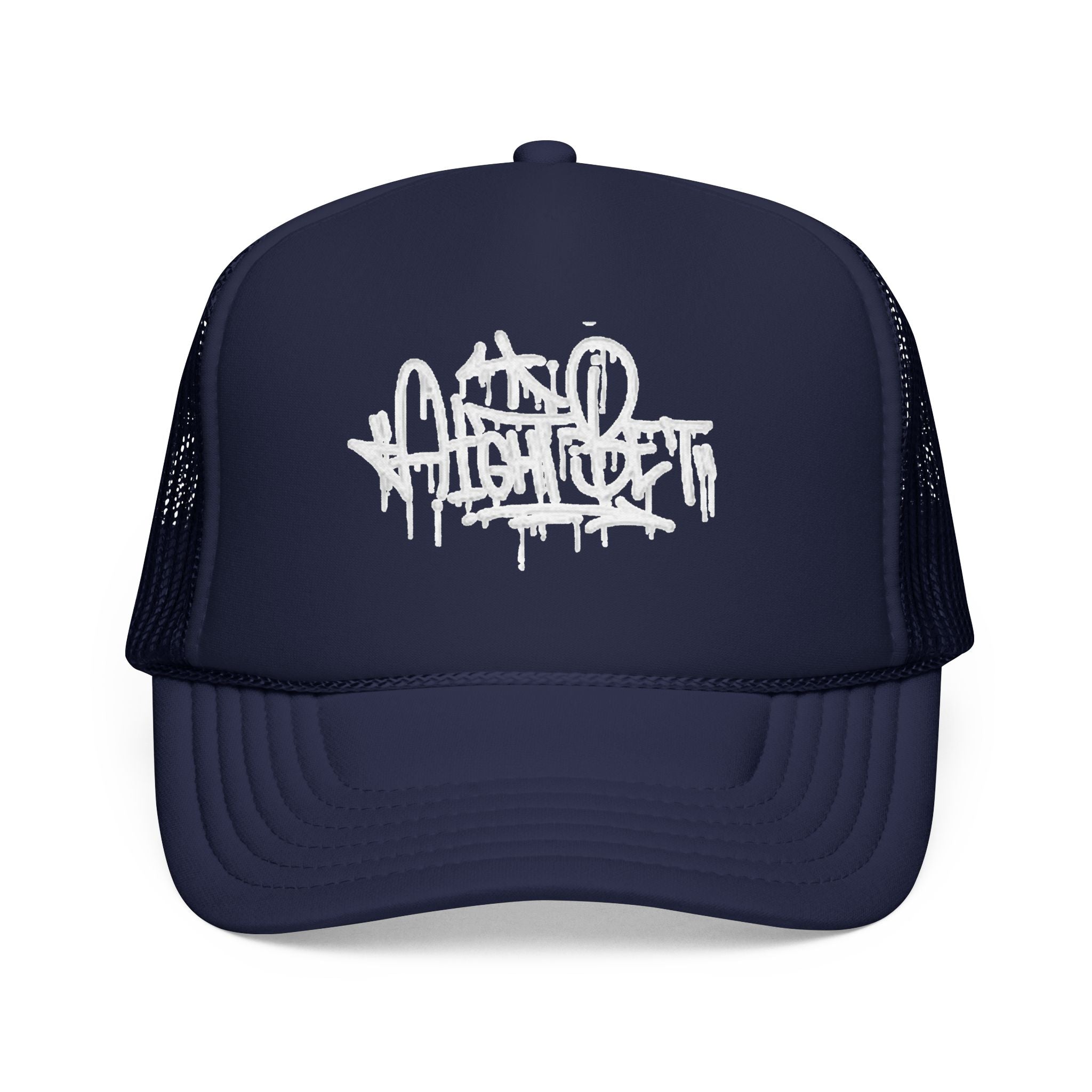 Graffiti Script Trucker Hat — White Drip Logo Foam Cap