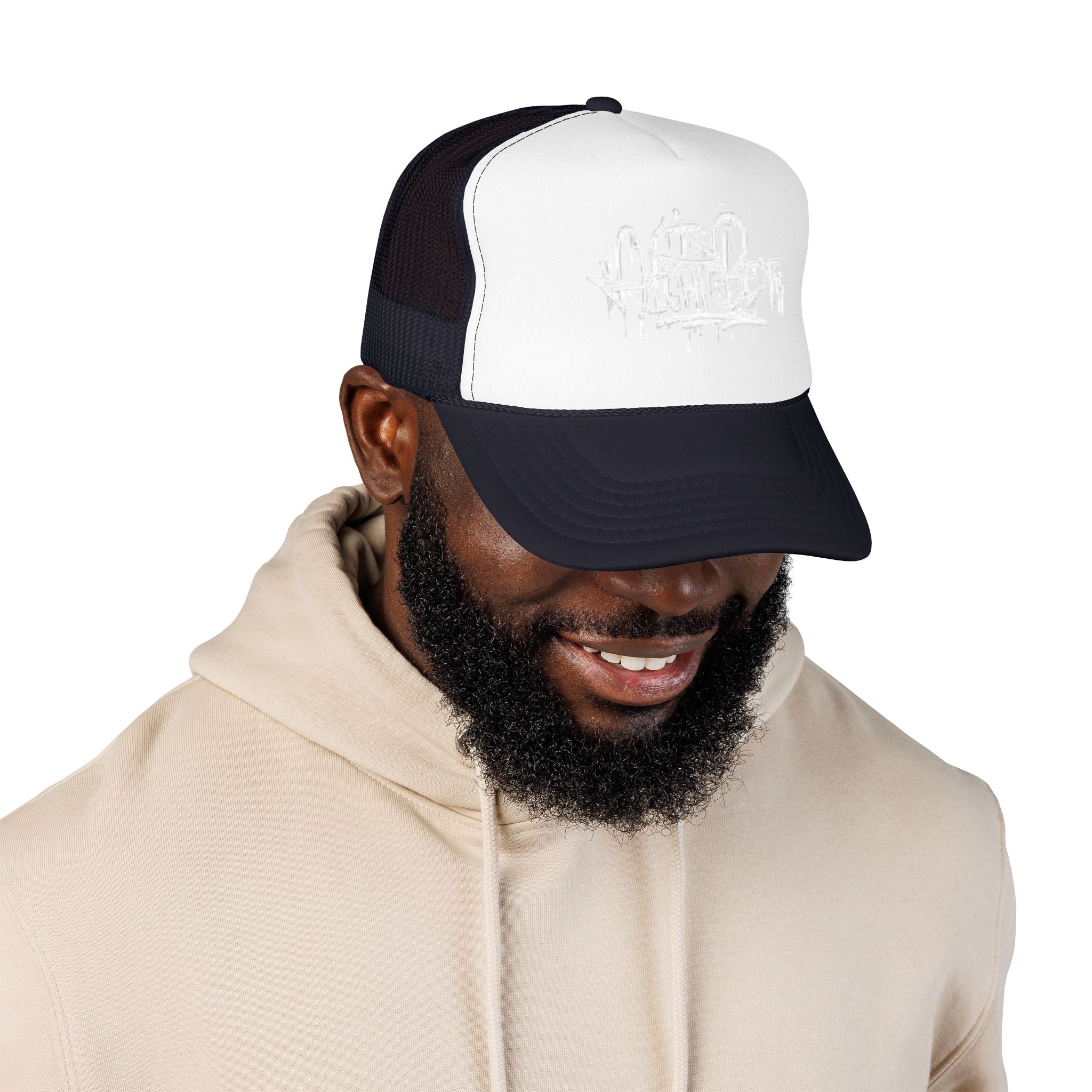 Graffiti Script Trucker Hat — White Drip Logo Foam Cap