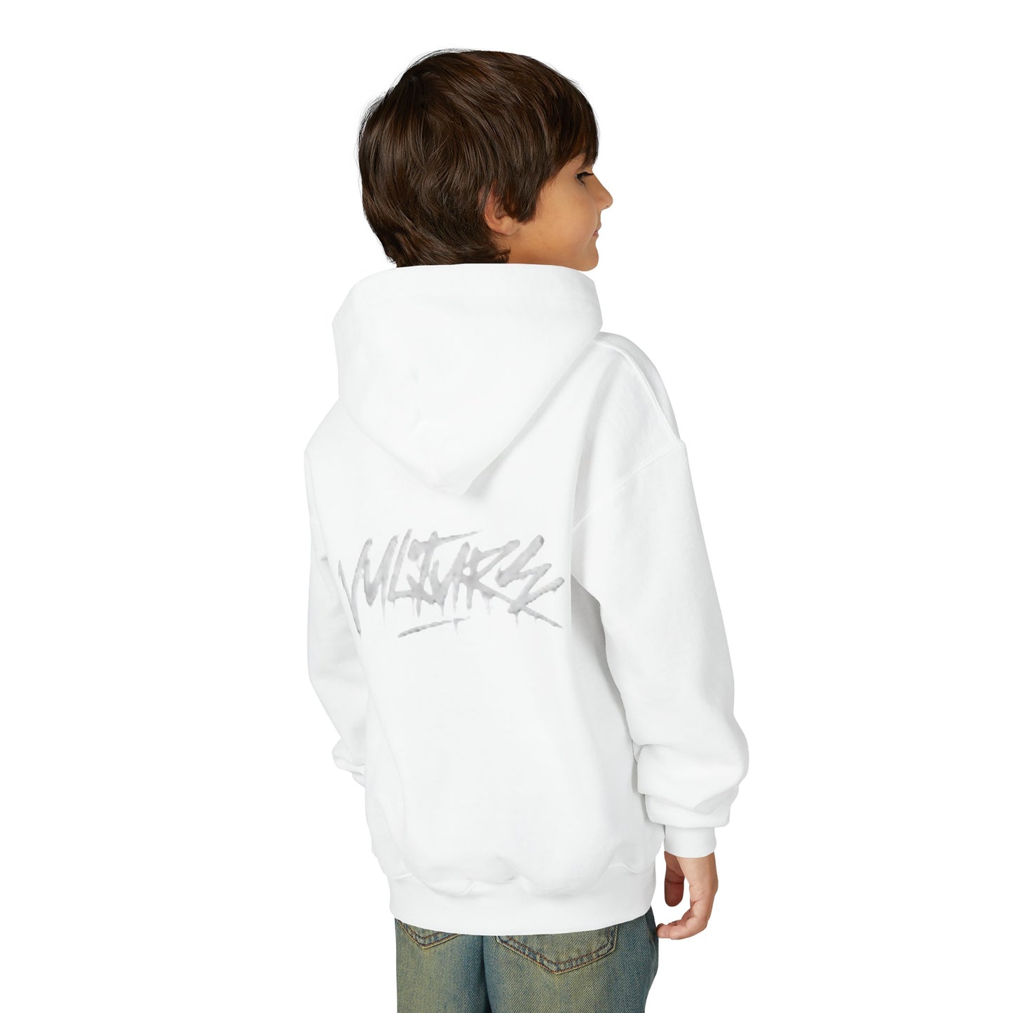 Youth Hoodie with Subtle Graffiti Logo — White Casual Pullover