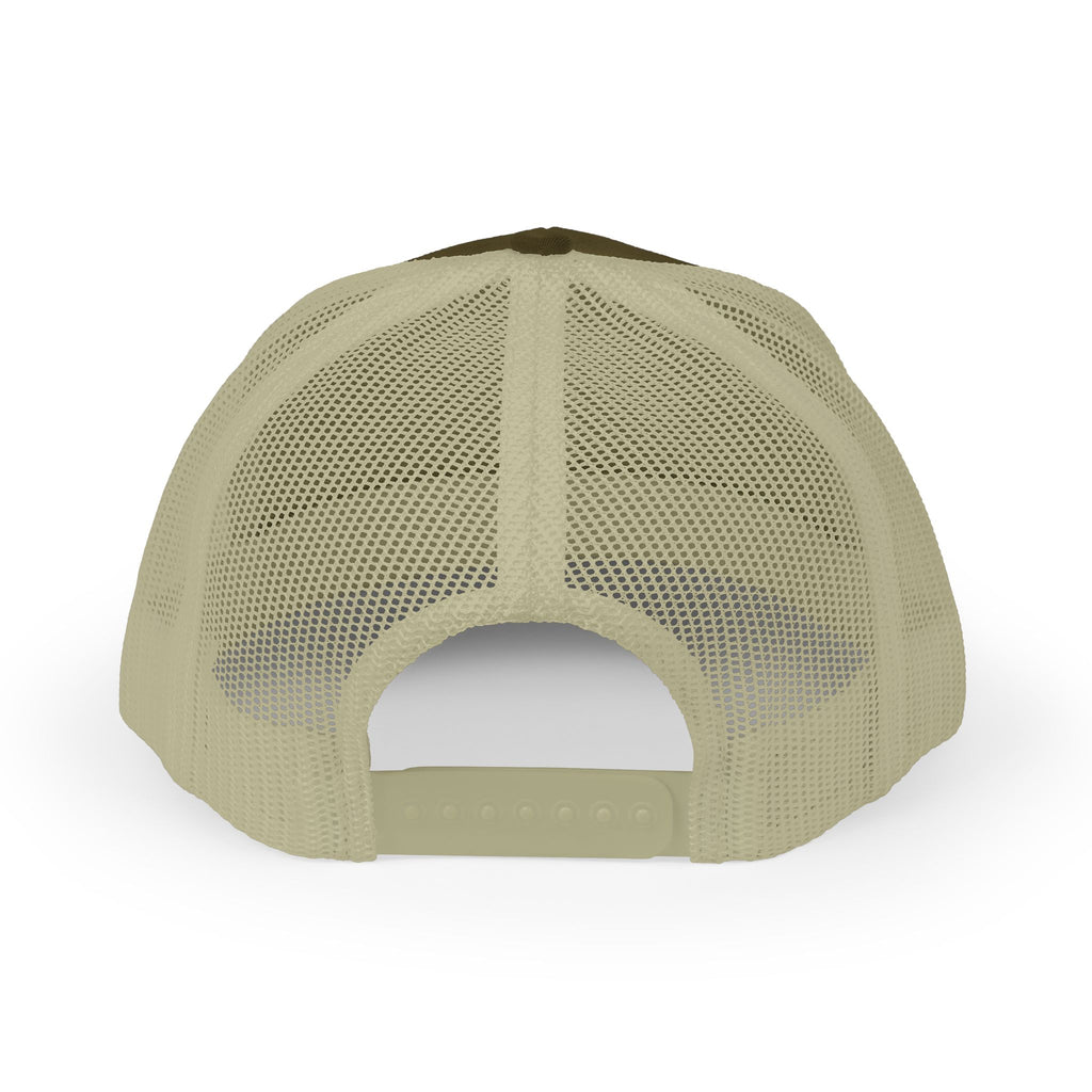 White Trucker Cap with 'Vibrate' Script Embroidery — Retro Mesh Snapback Hat