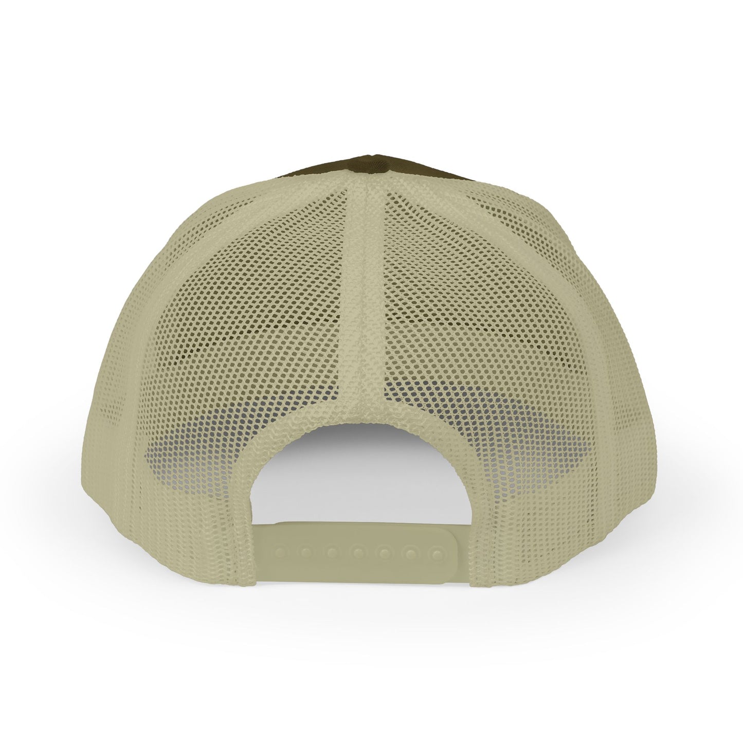 White Trucker Cap with 'Vibrate' Script Embroidery — Retro Mesh Snapback Hat