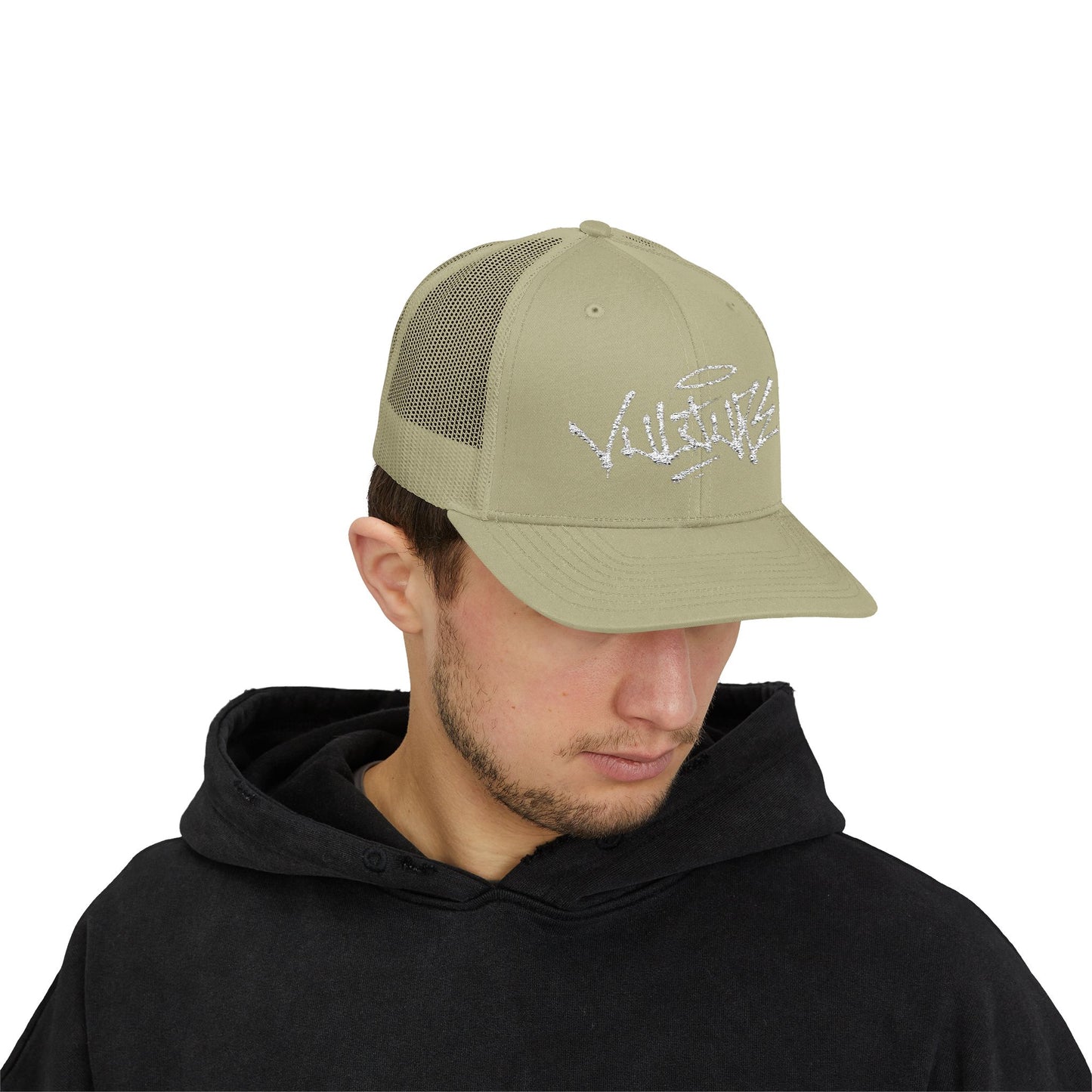 White Trucker Cap with 'Vibrate' Script Embroidery — Retro Mesh Snapback Hat
