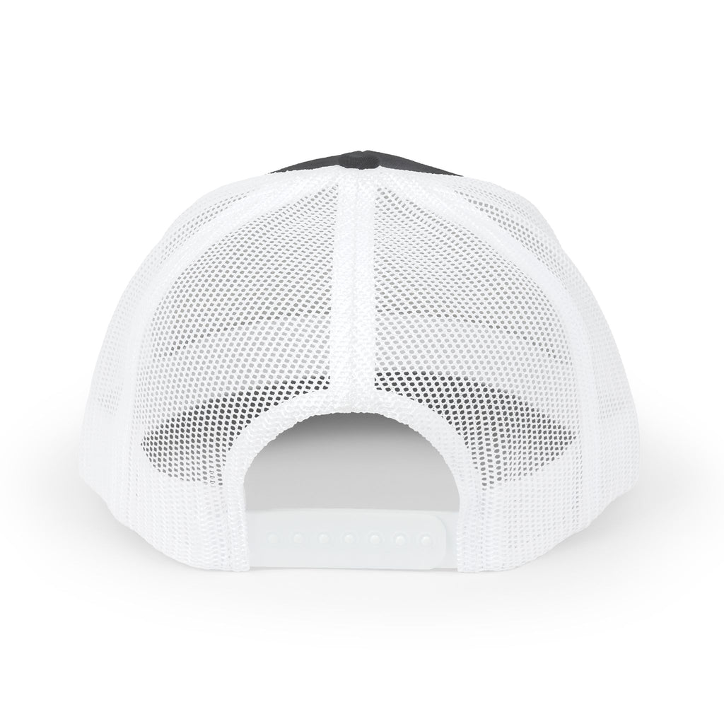 White Trucker Cap with 'Vibrate' Script Embroidery — Retro Mesh Snapback Hat
