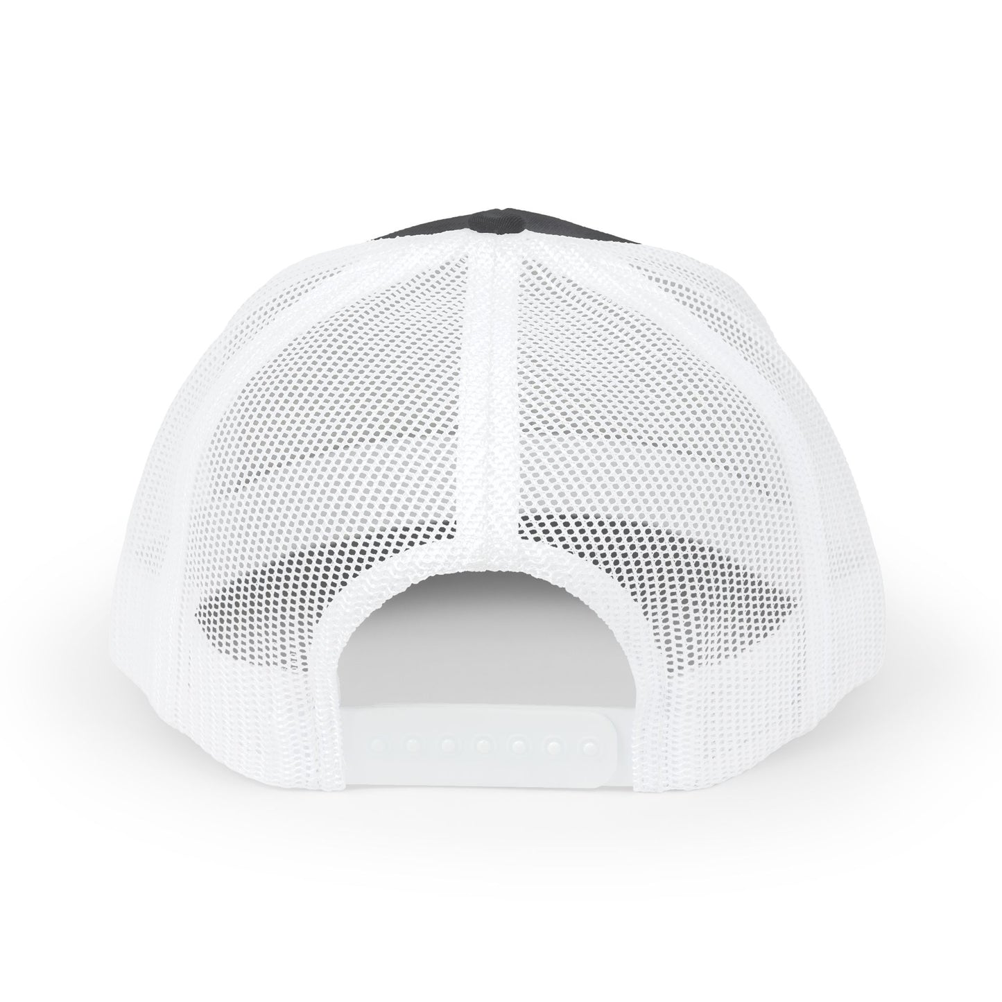 White Trucker Cap with 'Vibrate' Script Embroidery — Retro Mesh Snapback Hat