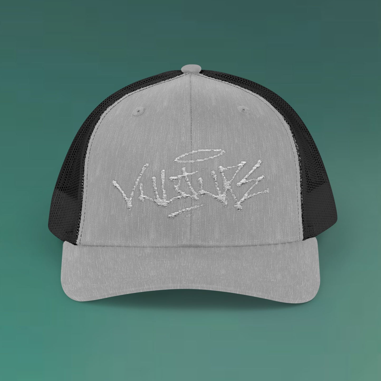 White Trucker Cap with 'Vibrate' Script Embroidery — Retro Mesh Snapback Hat