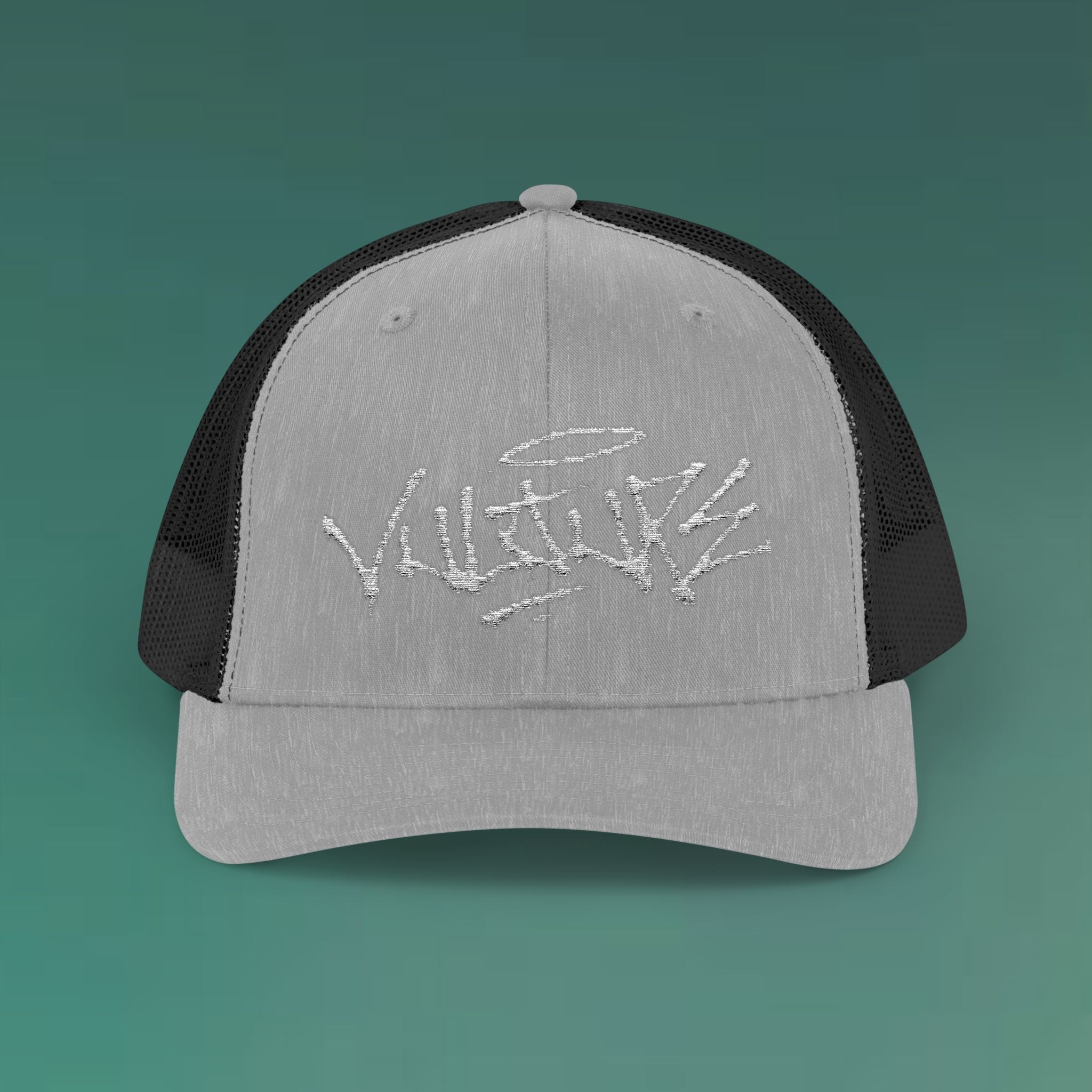 White Trucker Cap with 'Vibrate' Script Embroidery — Retro Mesh Snapback Hat