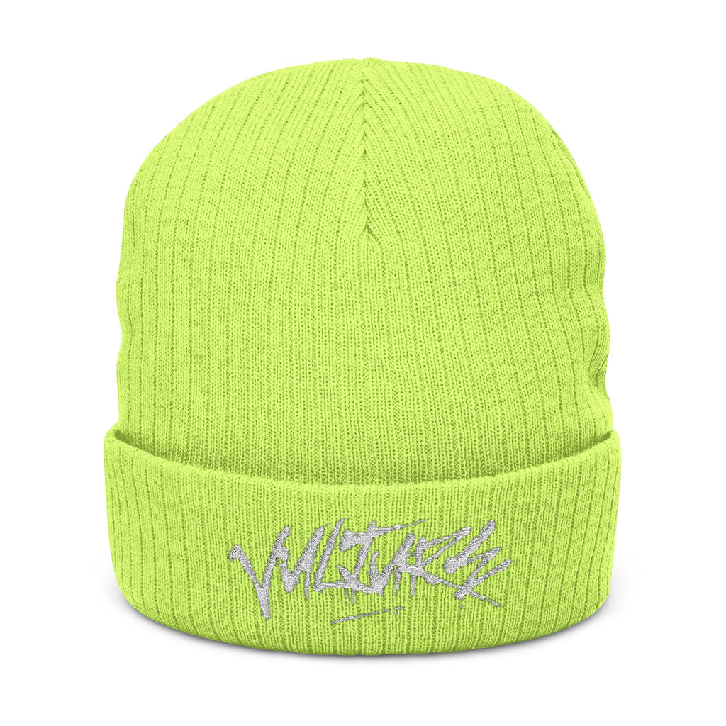 Embroidered Ribbed Beanie — Streetwear Black Knit Hat with White Graffiti Text