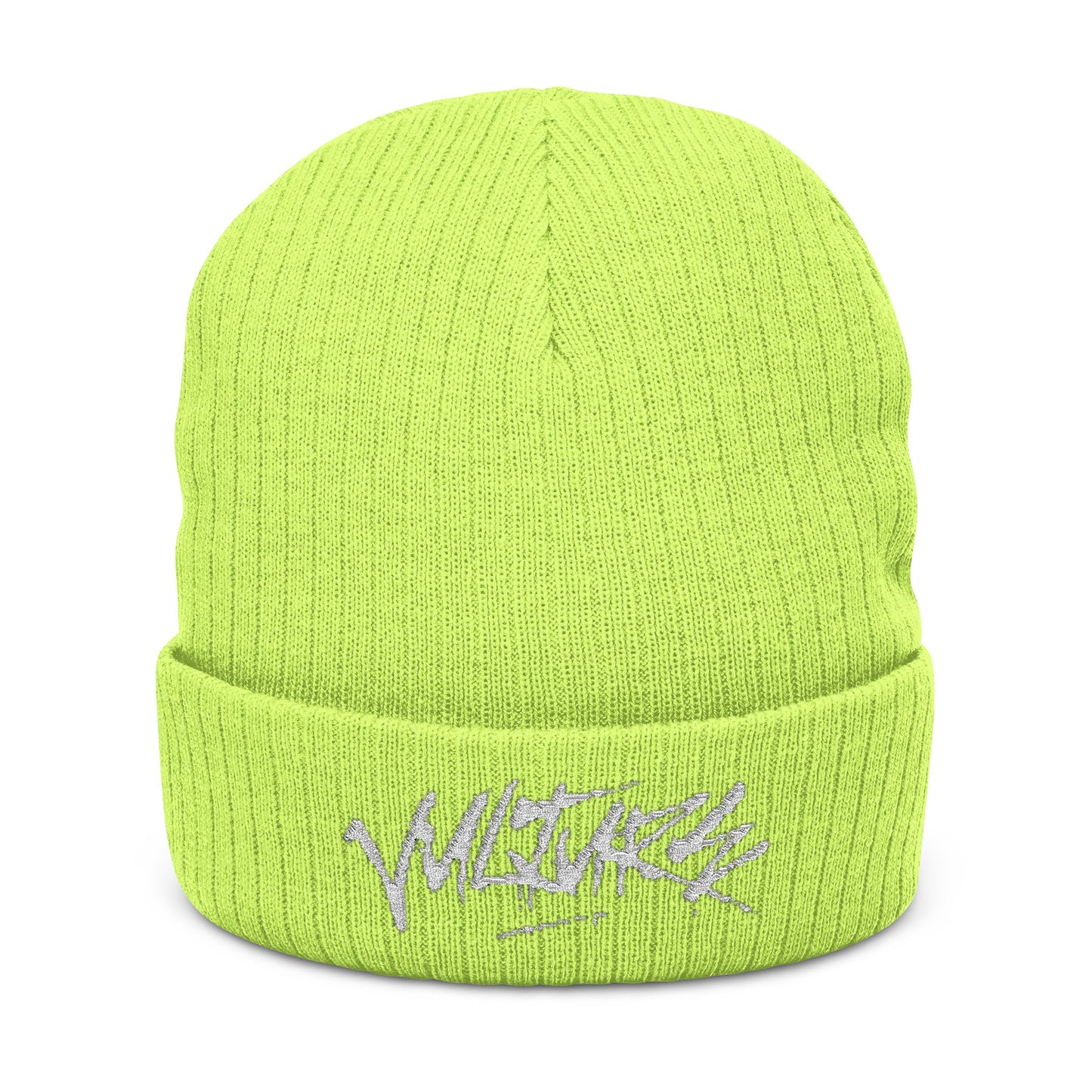 Embroidered Ribbed Beanie — Streetwear Black Knit Hat with White Graffiti Text