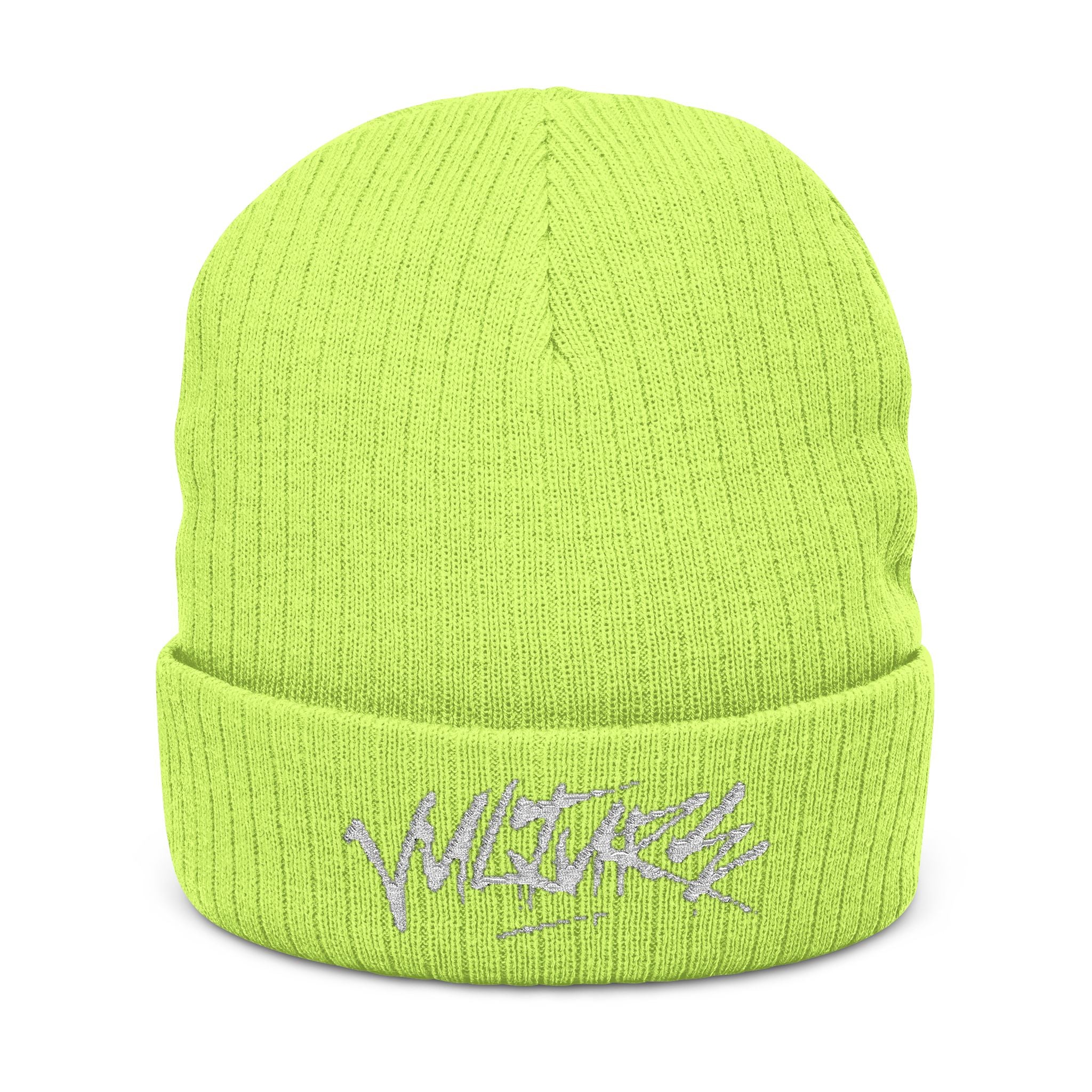 Embroidered Ribbed Beanie — Streetwear Black Knit Hat with White Graffiti Text