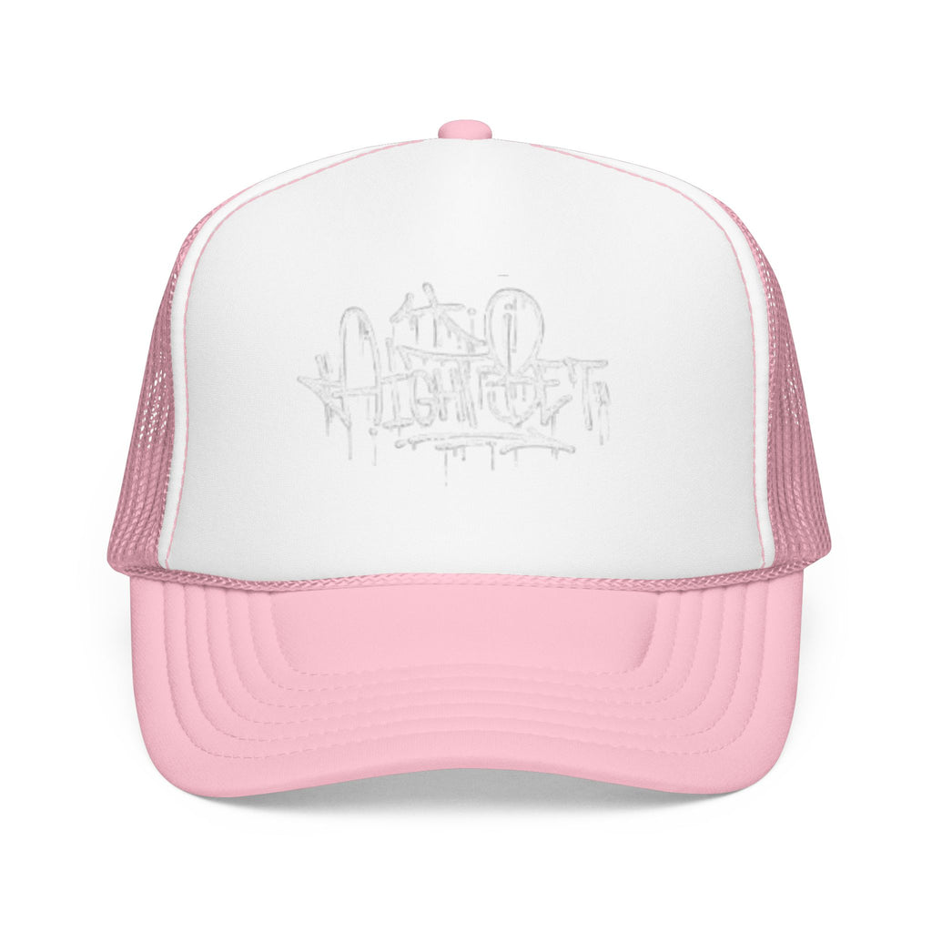 Graffiti Script Trucker Hat — White Drip Logo Foam Cap