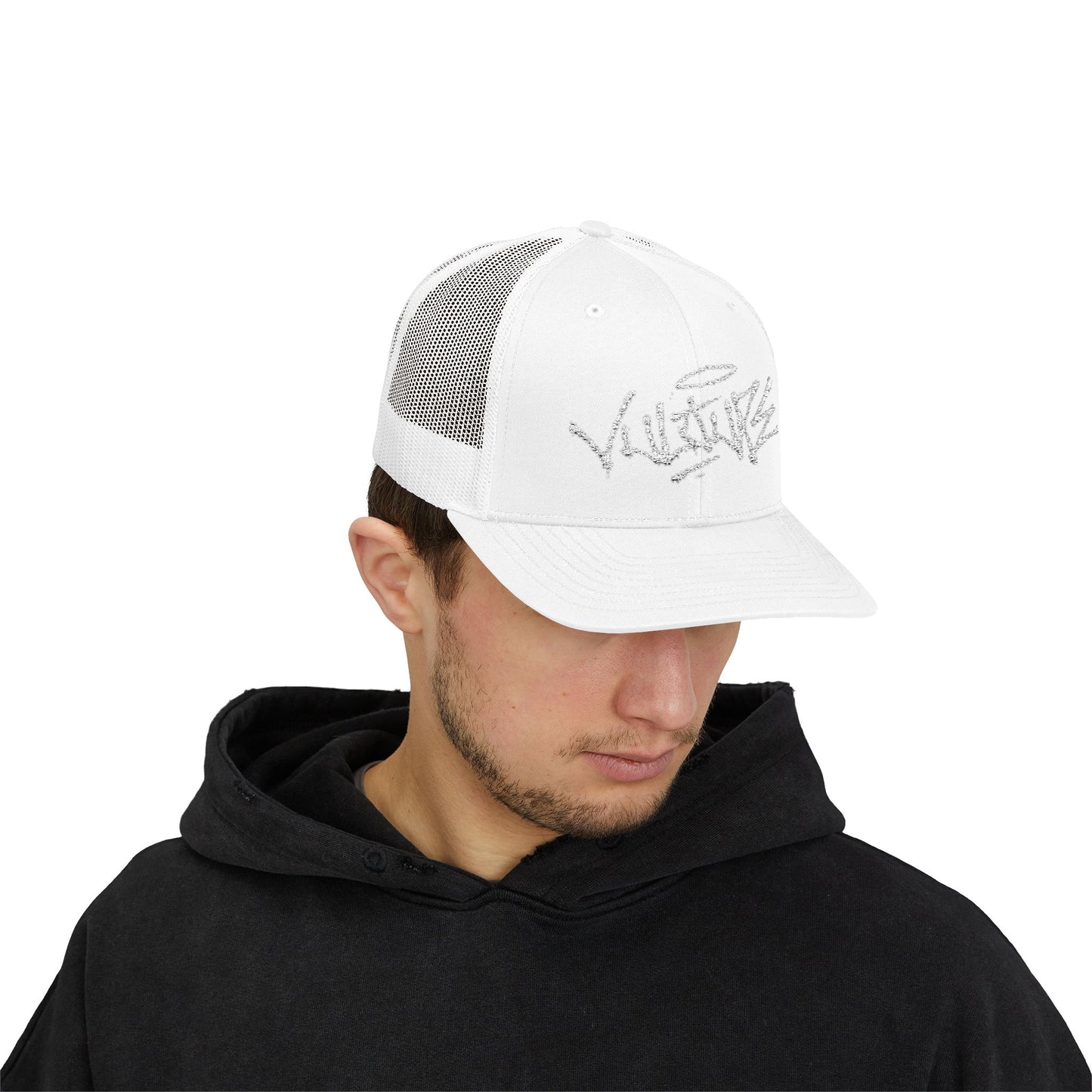 White Trucker Cap with 'Vibrate' Script Embroidery — Retro Mesh Snapback Hat