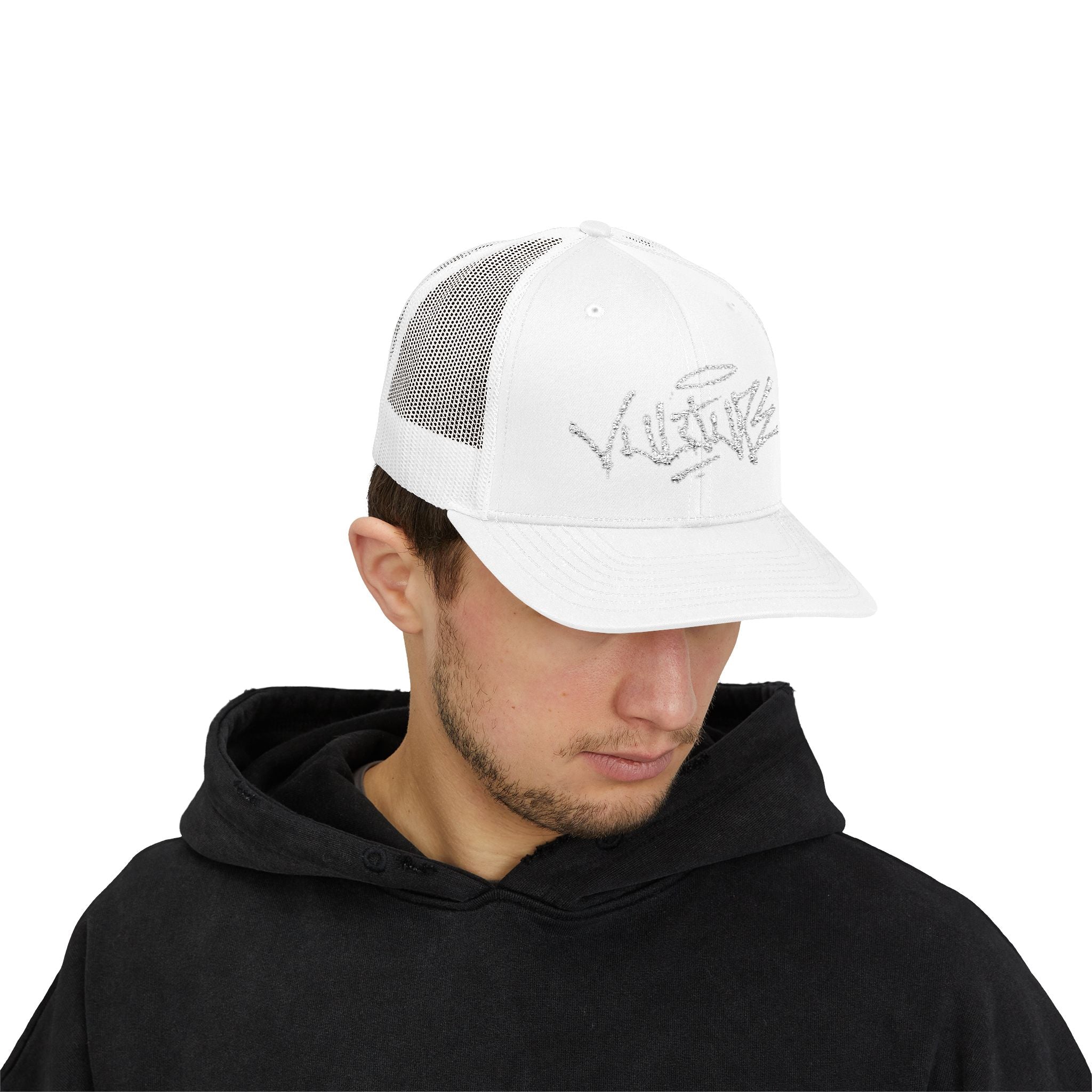 White Trucker Cap with 'Vibrate' Script Embroidery — Retro Mesh Snapback Hat