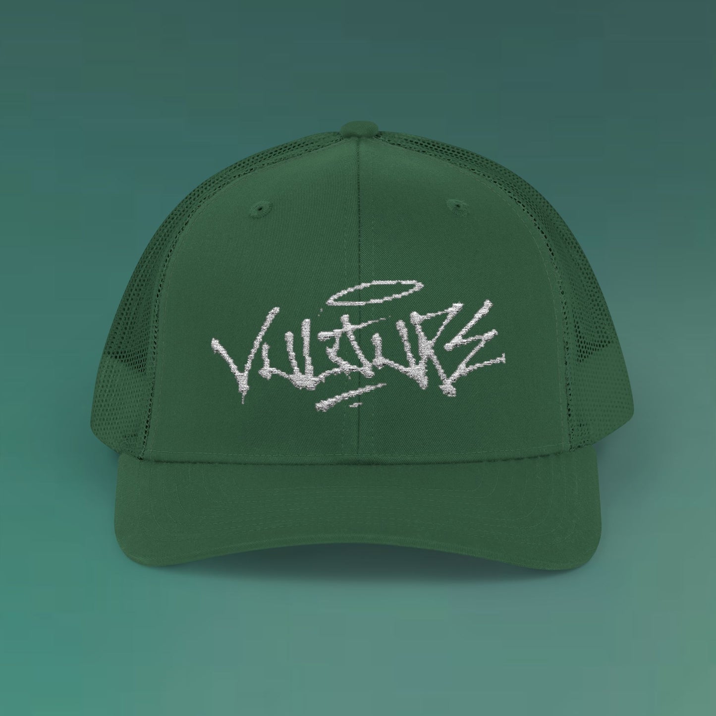 White Trucker Cap with 'Vibrate' Script Embroidery — Retro Mesh Snapback Hat