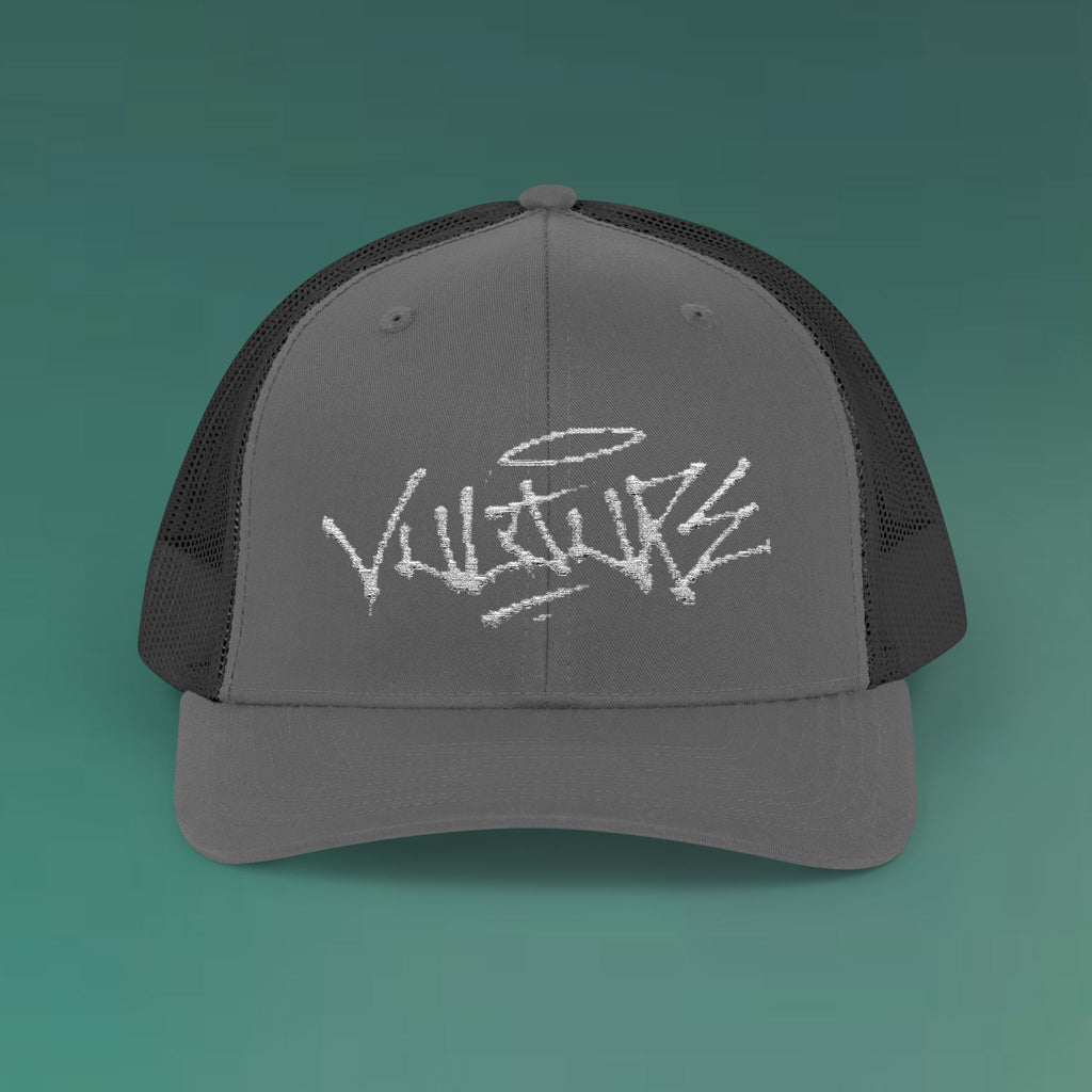 White Trucker Cap with 'Vibrate' Script Embroidery — Retro Mesh Snapback Hat