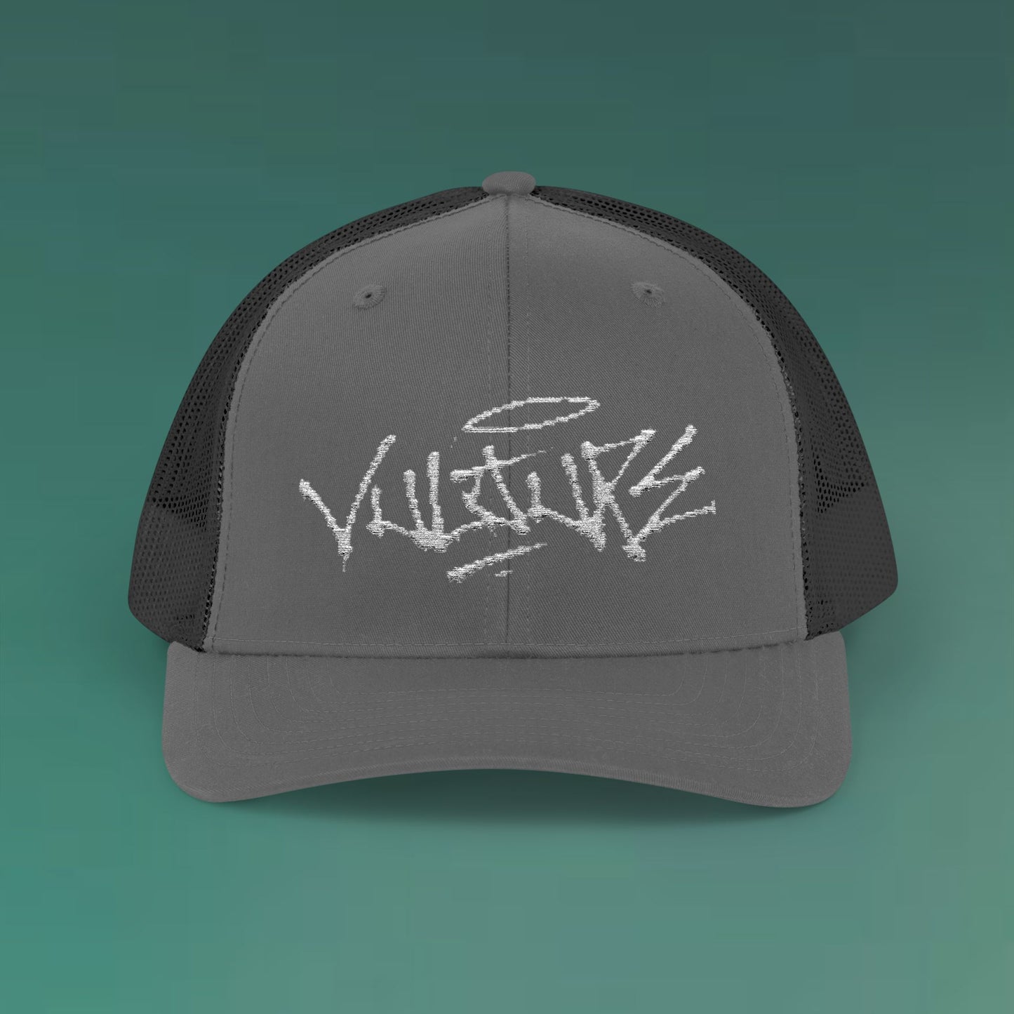 White Trucker Cap with 'Vibrate' Script Embroidery — Retro Mesh Snapback Hat