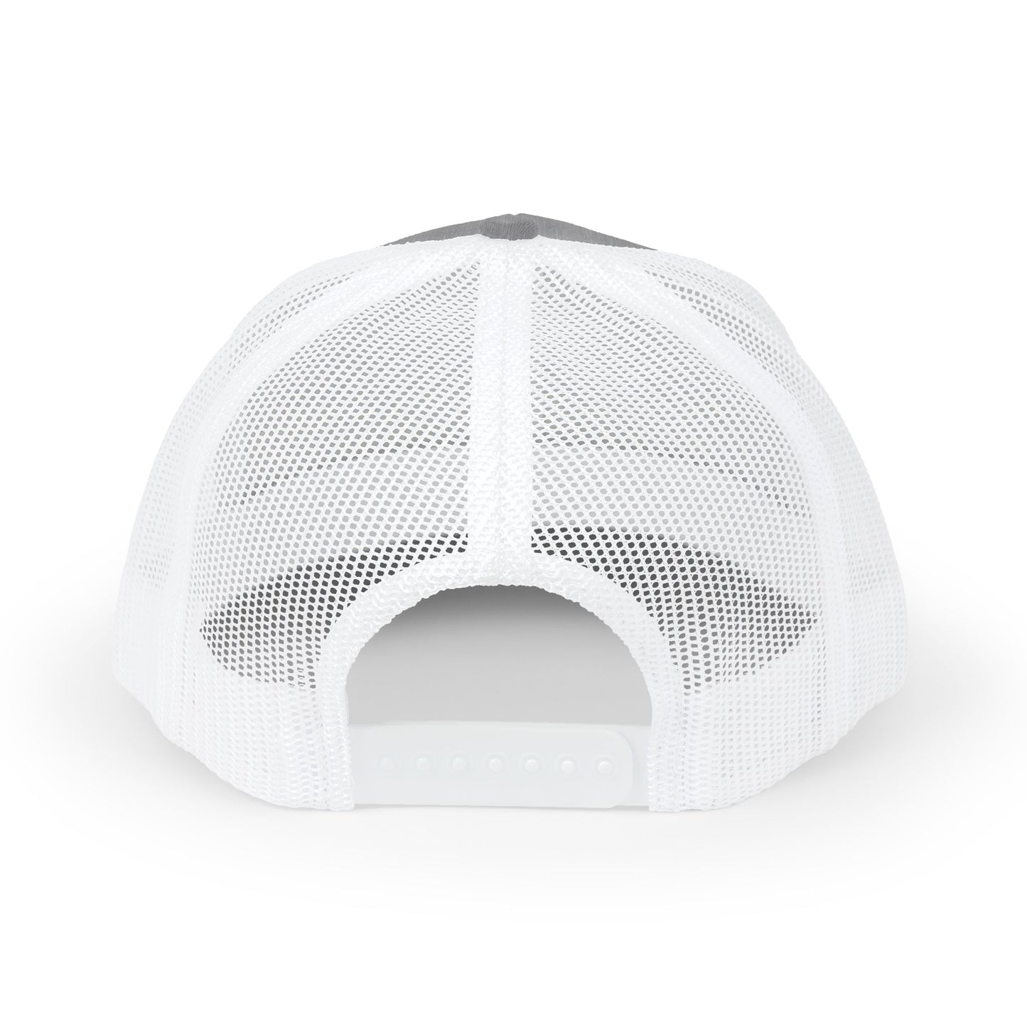 White Trucker Cap with 'Vibrate' Script Embroidery — Retro Mesh Snapback Hat