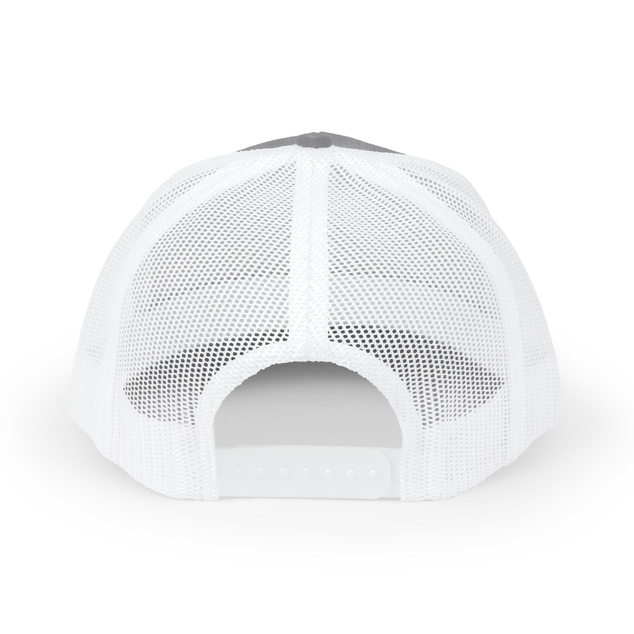 White Trucker Cap with 'Vibrate' Script Embroidery — Retro Mesh Snapback Hat