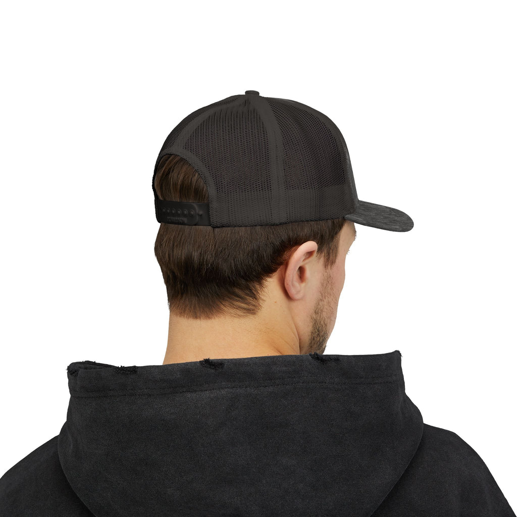 White Trucker Cap with 'Vibrate' Script Embroidery — Retro Mesh Snapback Hat