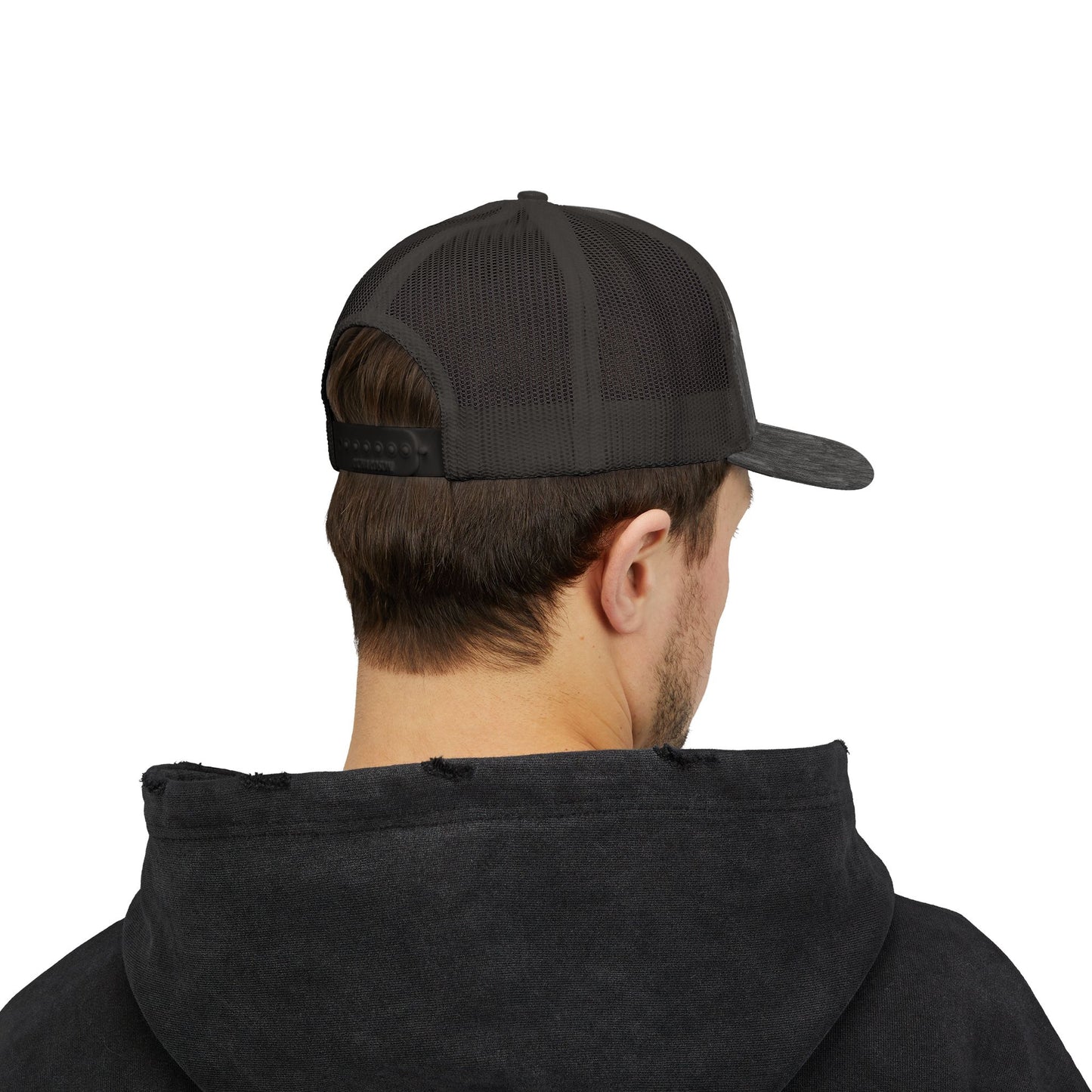 White Trucker Cap with 'Vibrate' Script Embroidery — Retro Mesh Snapback Hat
