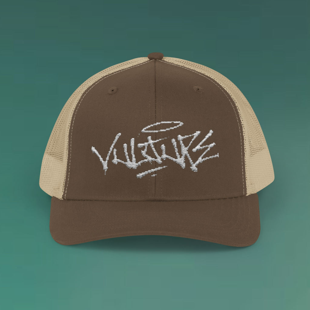 White Trucker Cap with 'Vibrate' Script Embroidery — Retro Mesh Snapback Hat