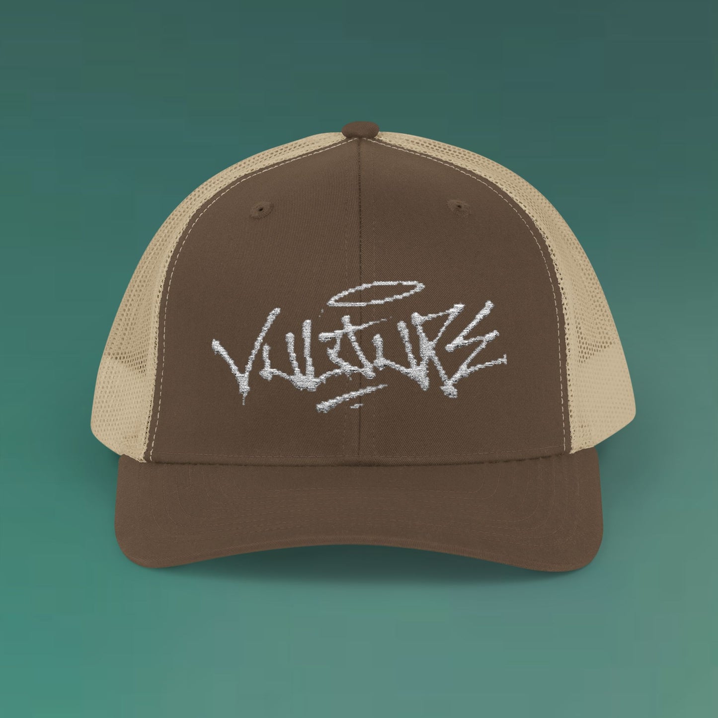 White Trucker Cap with 'Vibrate' Script Embroidery — Retro Mesh Snapback Hat