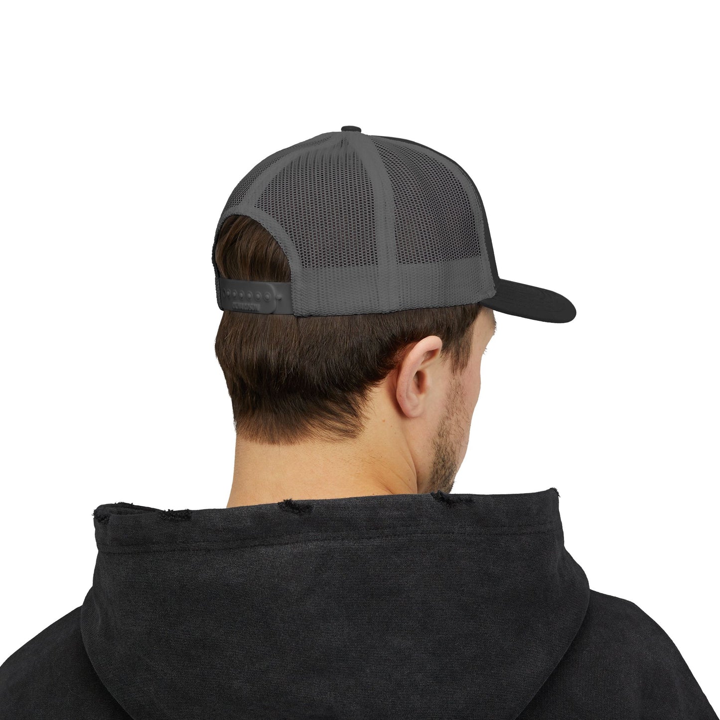 White Trucker Cap with 'Vibrate' Script Embroidery — Retro Mesh Snapback Hat