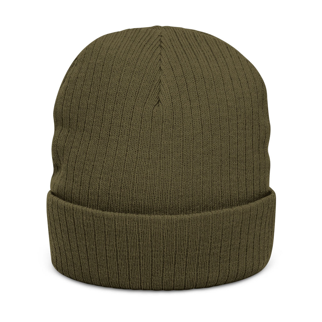 Embroidered Ribbed Beanie — Streetwear Black Knit Hat with White Graffiti Text