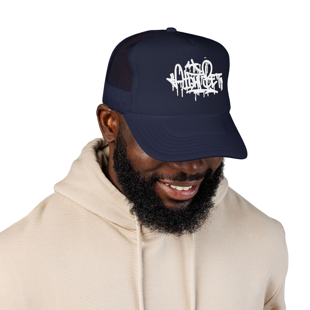 Graffiti Script Trucker Hat — White Drip Logo Foam Cap