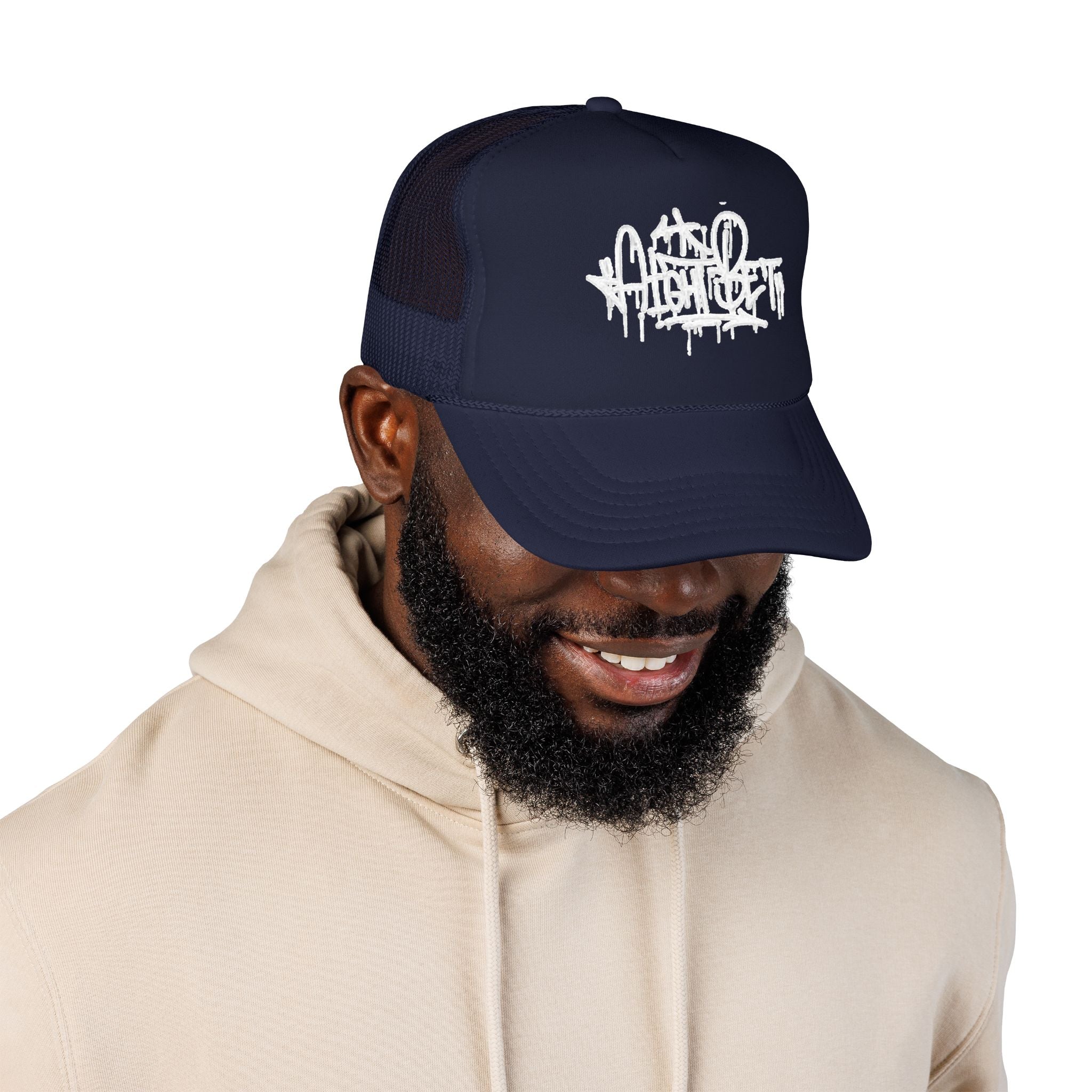 Graffiti Script Trucker Hat — White Drip Logo Foam Cap