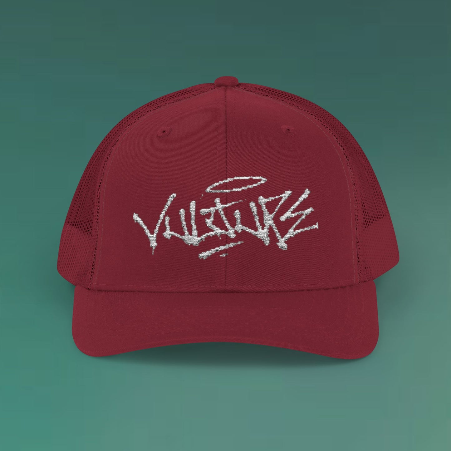 White Trucker Cap with 'Vibrate' Script Embroidery — Retro Mesh Snapback Hat
