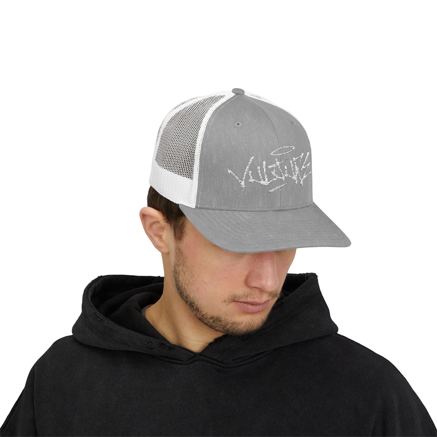 White Trucker Cap with 'Vibrate' Script Embroidery — Retro Mesh Snapback Hat