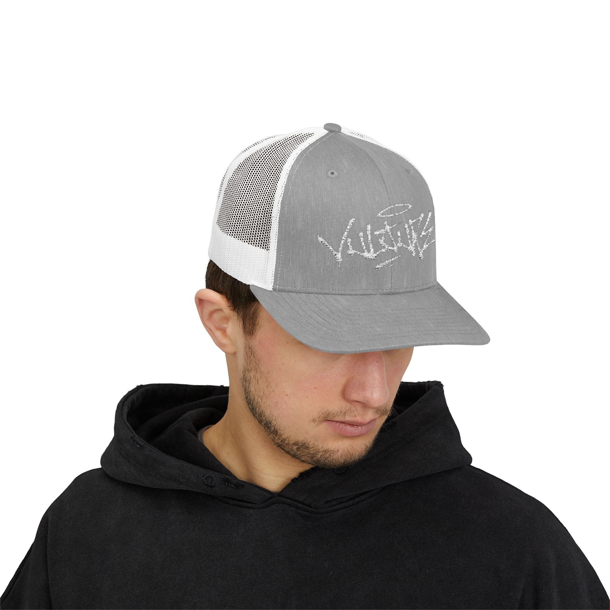 White Trucker Cap with 'Vibrate' Script Embroidery — Retro Mesh Snapback Hat