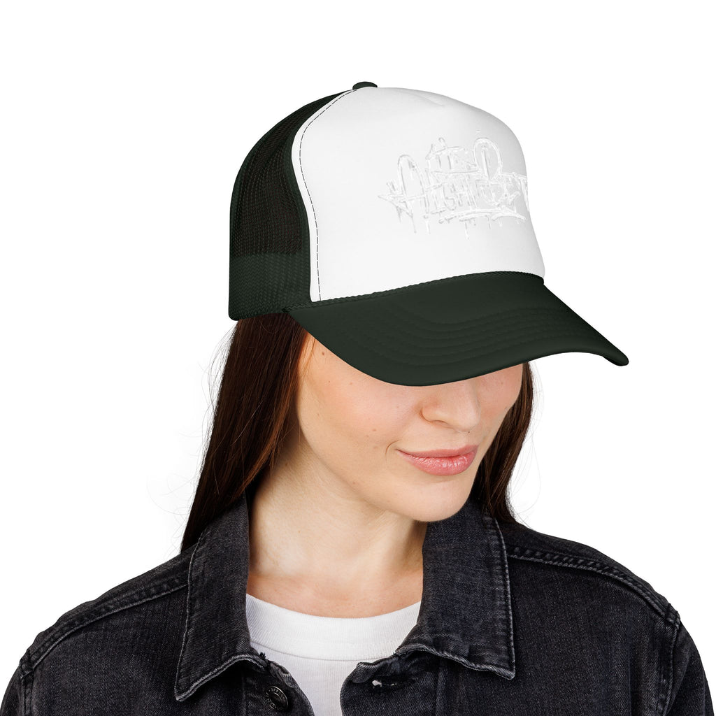 Graffiti Script Trucker Hat — White Drip Logo Foam Cap