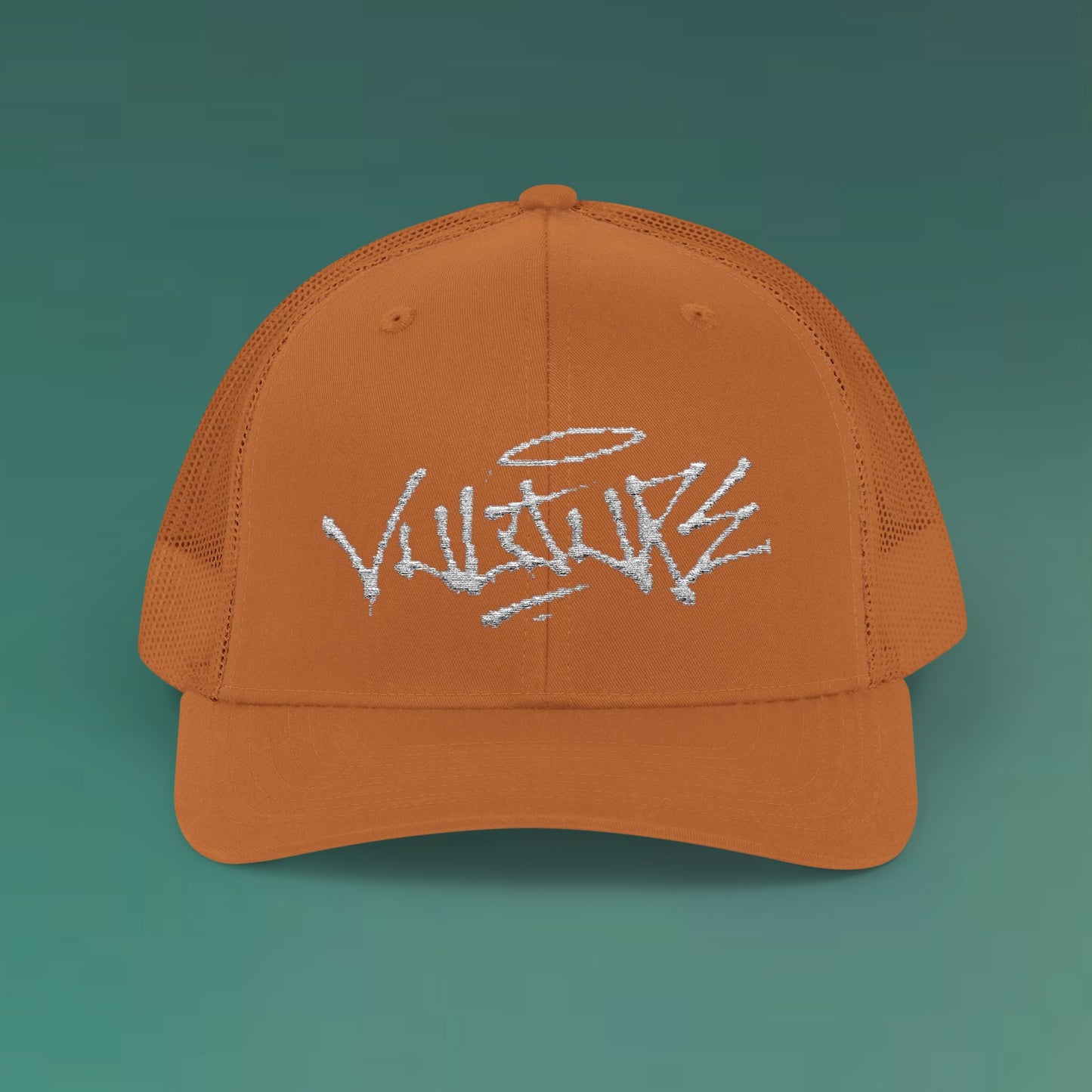 White Trucker Cap with 'Vibrate' Script Embroidery — Retro Mesh Snapback Hat