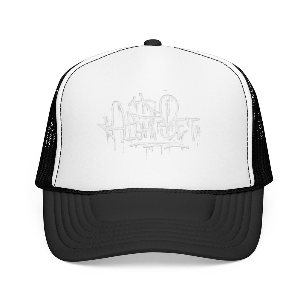 Graffiti Script Trucker Hat — White Drip Logo Foam Cap