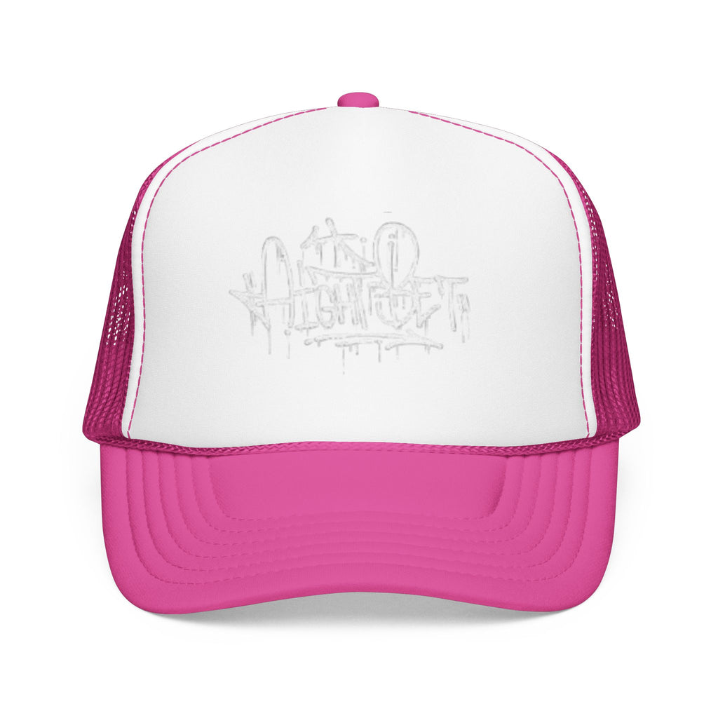 Graffiti Script Trucker Hat — White Drip Logo Foam Cap