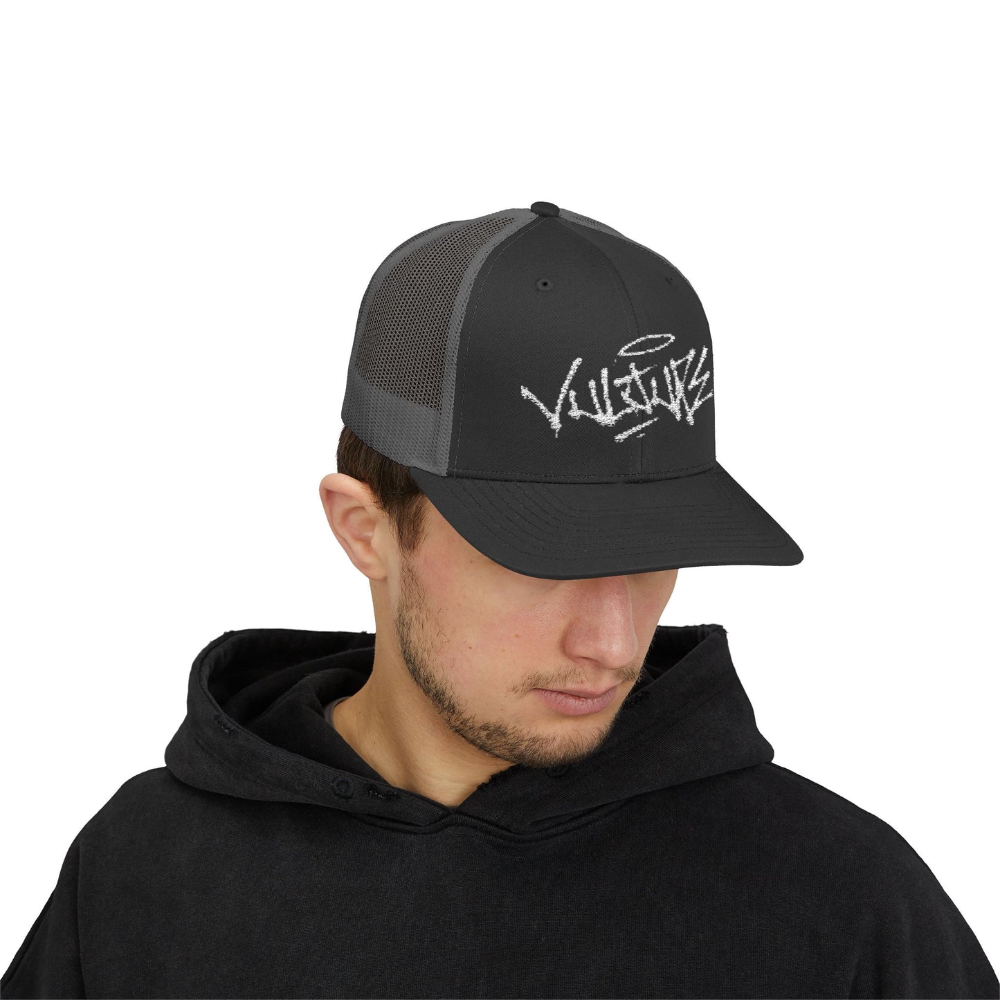 White Trucker Cap with 'Vibrate' Script Embroidery — Retro Mesh Snapback Hat