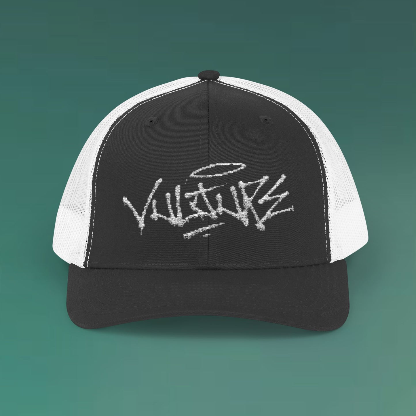 White Trucker Cap with 'Vibrate' Script Embroidery — Retro Mesh Snapback Hat