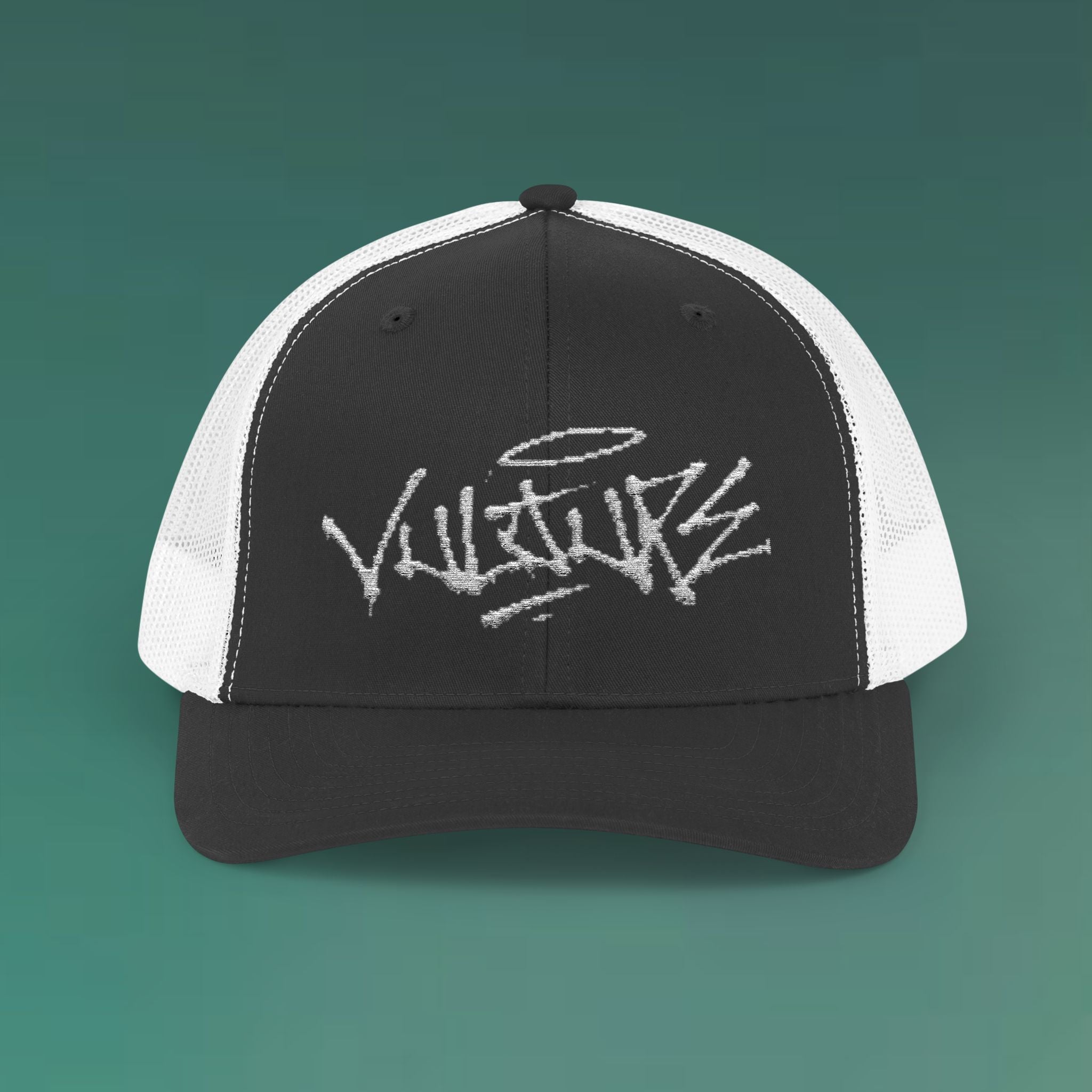 White Trucker Cap with 'Vibrate' Script Embroidery — Retro Mesh Snapback Hat