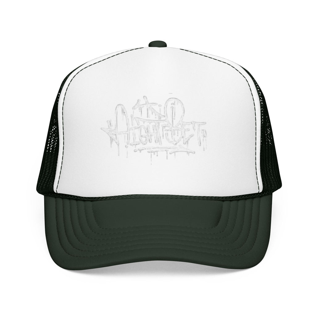 Graffiti Script Trucker Hat — White Drip Logo Foam Cap