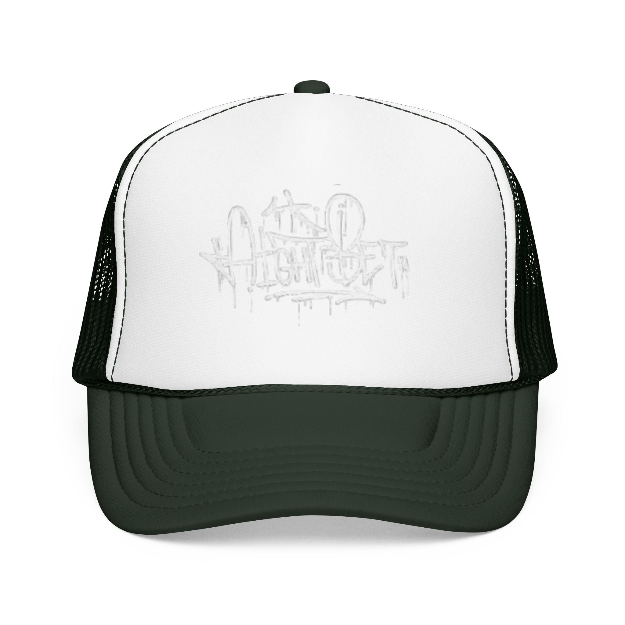 Graffiti Script Trucker Hat — White Drip Logo Foam Cap