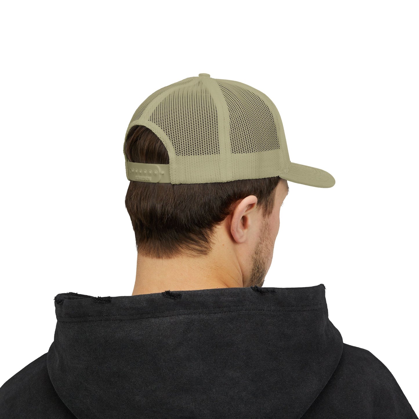 White Trucker Cap with 'Vibrate' Script Embroidery — Retro Mesh Snapback Hat