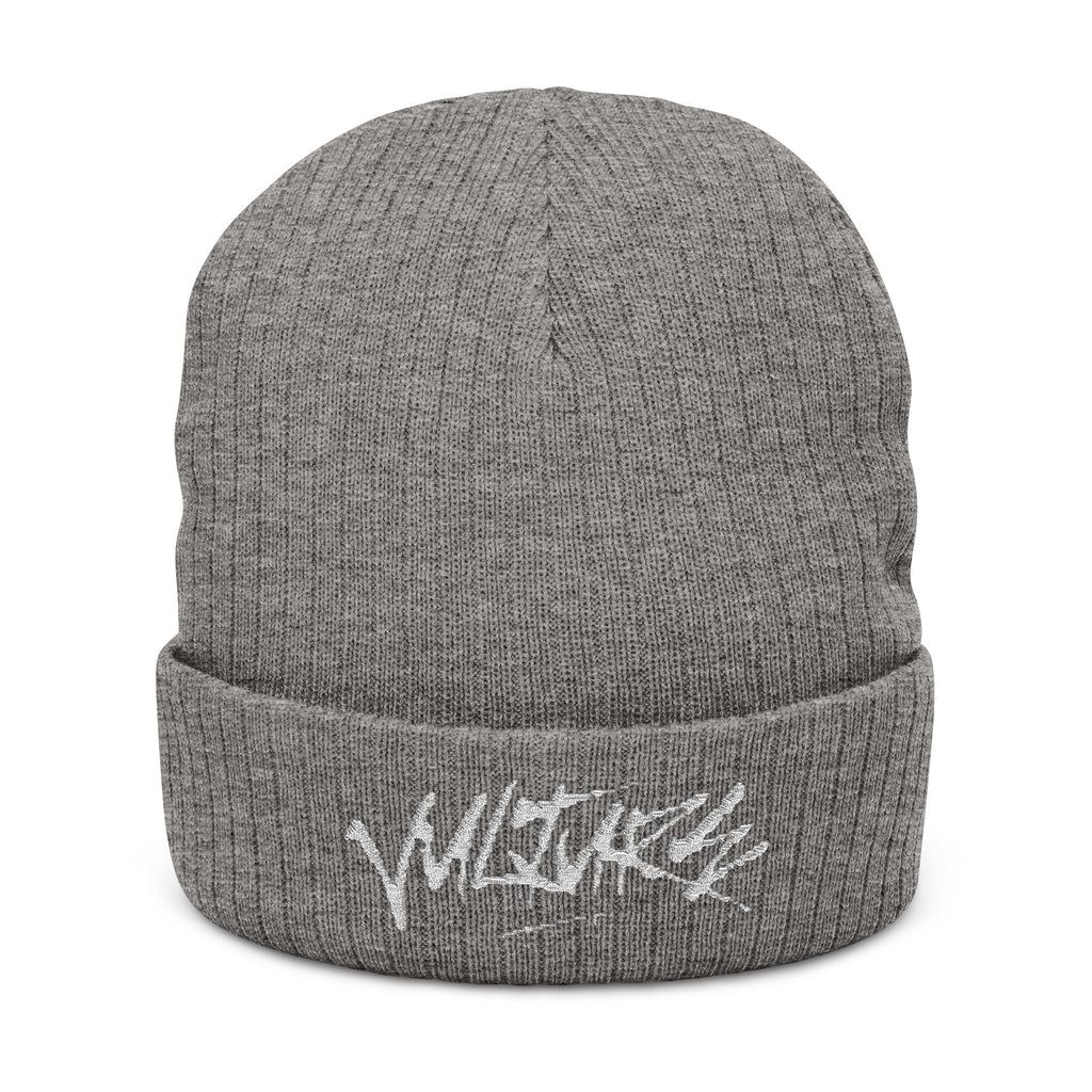 Embroidered Ribbed Beanie — Streetwear Black Knit Hat with White Graffiti Text